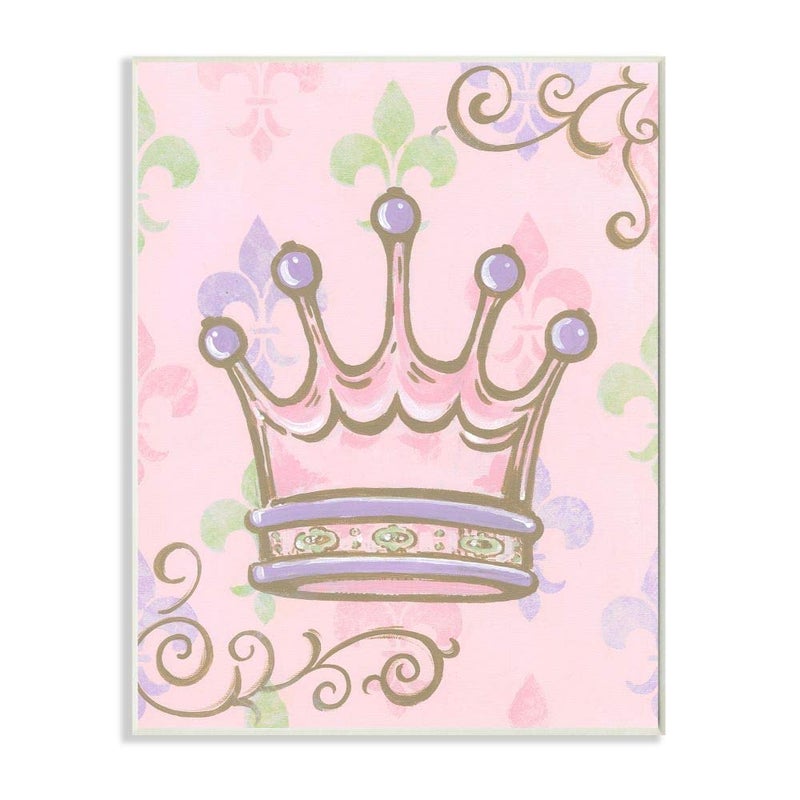 ستوبيل إنداستريز غرفة الأطفال من تصميم Stupell Crown مع Fleur de Lis على لوحة حائط مستطيلة ذات خلفية وردية - Image 1